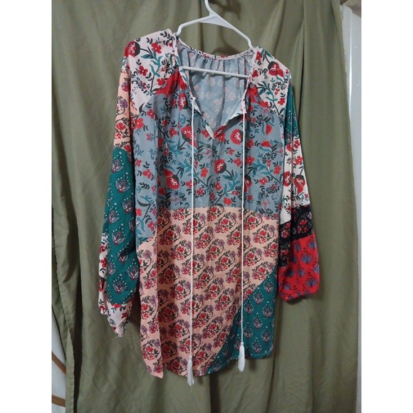 Patchwork Floral Cotton Paisley Multicolor Bolo Tie VNeck Elastic Long Sleeves - Picture 1 of 9